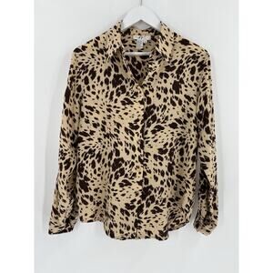 Vintage FY2 Blouse Womens Medium Beige Black Animal Print 100% Silk Long Sleeve